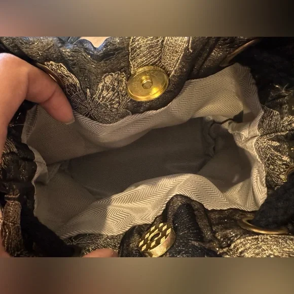 Black and Gold Butterfly Embroidered Bag With Beaded Handle - Picture 4 of 5